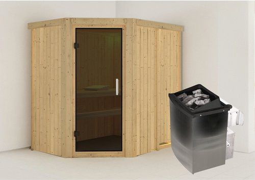 Karibu Sauna Vijandi aus Fichtenholz in Beige inklusive 9 kW Saunaofen mit integrierter Steuerung für 3 Personen, B/T/H: 196,0 x 151,0 x 198,0 cm - Bild 1