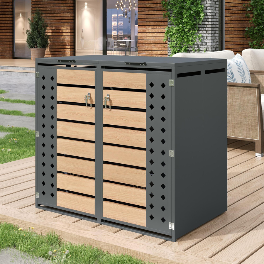 Mülltonnenbox GL Store aus verzinktem Stahl mit hydraulischem Klappdeckel, zwei separaten Fächern und abschließbaren Türen, Farbe: Grau und Natur, B/T/H: 132 x 80 x 118,5 cm - Bild 2