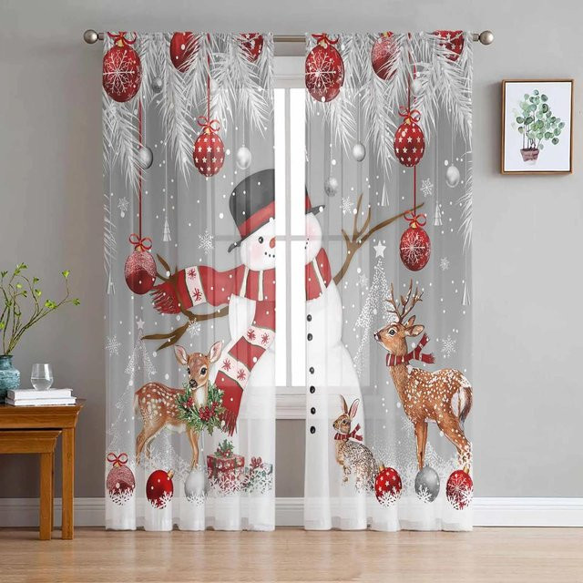 Transparente Weihnachts-Vorhänge mit Schneemann- und Hirsch-Motiv aus Tüll in Grau, Breite: 135 cm, Höhe: 115 cm - Bild 1