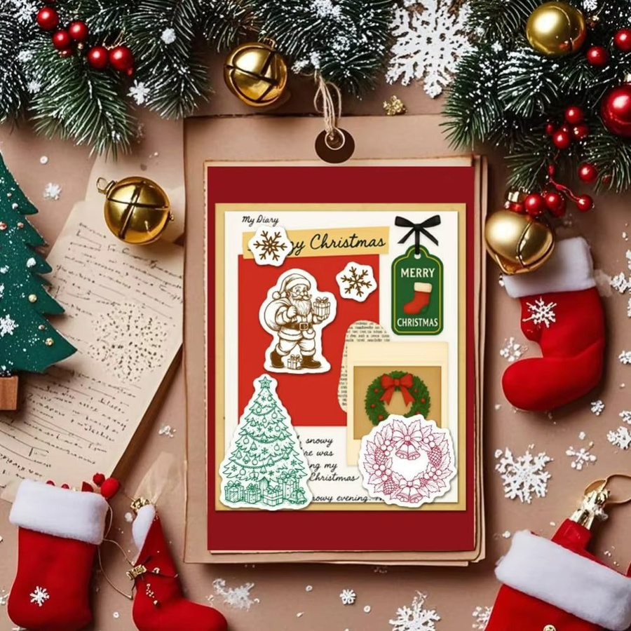 Wiederverwendbare transparente Gummistempel mit Weihnachts-Motiven wie Schneemann, Weihnachtsbaum und Elchkerzen in Transparent - Bild 4