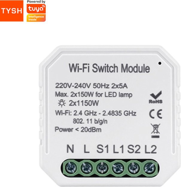 Tuya Smart Wifi Switch Module 2 Gang TYSH in Weiß, kompatibel mit Google Home und Alexa - Bild 1