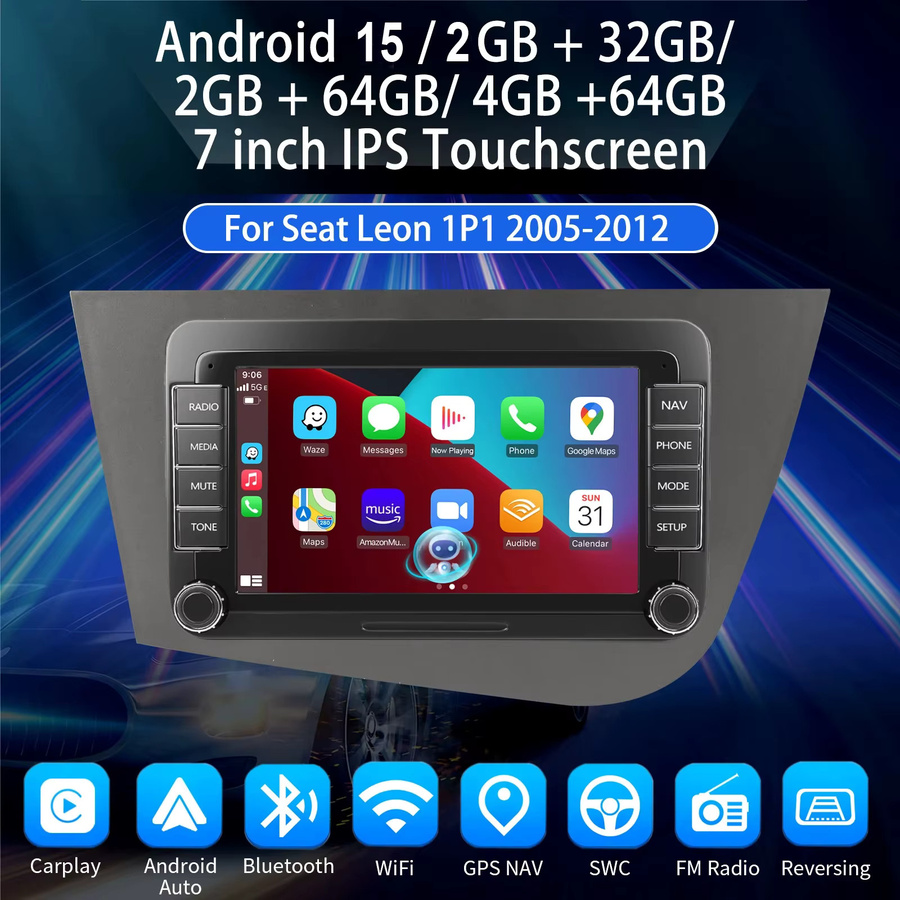ESSGOO Android 15 Carplay Headunit für Seat Leon 1P1 05-11 mit 7 Zoll Touchscreen, GPS, WIFI und kabellosem Android Auto, Schwarz - Bild 2