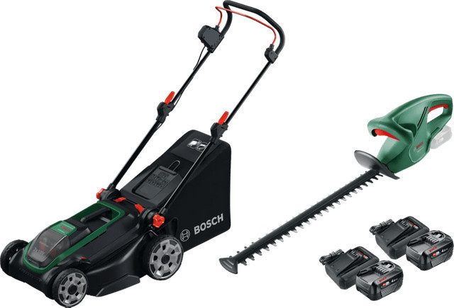 Bosch Gartenwerkzeug Set mit Rotak 18V-43 Rasenmäher, EasyHedgeCut 18-45 Li Heckenschere und 2x 4,0 Ah Power For All Akku-Starterset - Bild 1