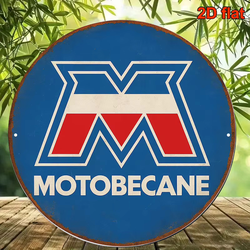 Motobecane Vintage Motorrad Metallschild von Potdemiel in Rot, Blau, Weiß und Schwarz als Retro-Garage-Dekor, Durchmesser: 20 cm - Bild 3