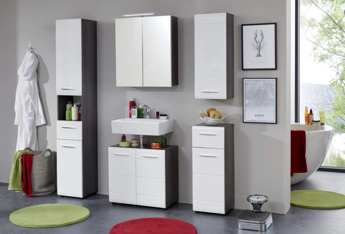 Trendteam Bad-Hängeschrank LineSkinBD in Weiß und Grau mit Hochglanz-Finish, B/H/T: 30 x 77 x 23 cm - Bild 5