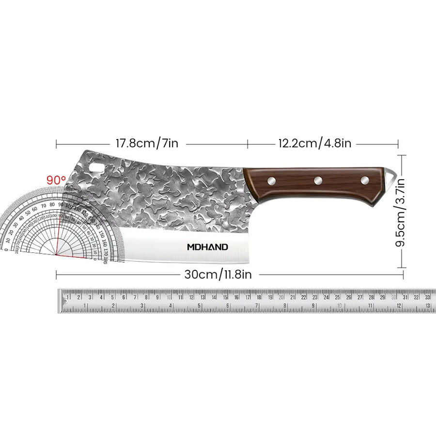 MDHAND Fleischbeilmesser aus handgeschmiedetem Kohlenstoffstahl in Silber mit Holzgriff, Klingenlänge: 17,8 cm - Bild 5