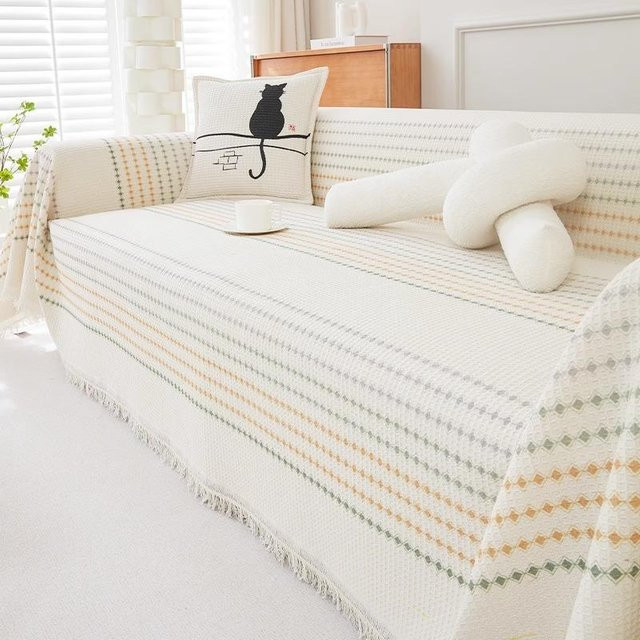 Sofa-Vollbezug aus Baumwolle und Leinen in Weiß mit Streifen-Design, B/B: 180 x 130 cm - Bild 1