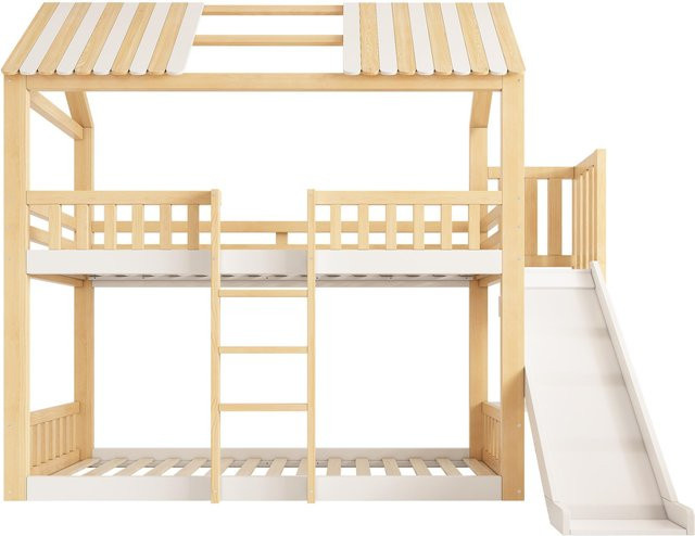AB Store Etagenbett im Hüttenstil für Kinder mit Giebeldach und Holzzaun-Geländer, Weiß, B/T/H: 247 x 171 x 220 cm - Bild 1