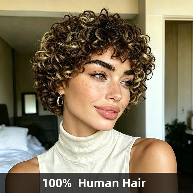 OYM HAIR Pixie-Schnitt-Perücke, 100 % Echthaar, Damen, Rosenmuster - Bild 1