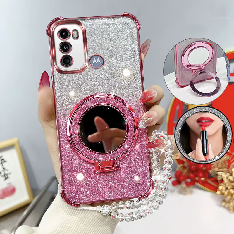 Stoßfeste Handyhülle mit Spiegelständer und Perlengurt für Motorola Moto G60, 60S und G40 Fusion in Silber oder Pink - Bild 1