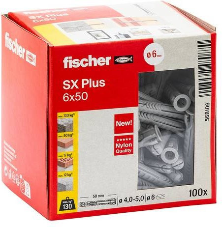 Fischer SX Plus Spreizdübel aus Nylon in Grau, Durchmesser: 6 mm, Länge: 50 mm, 100 Stück - Bild 1