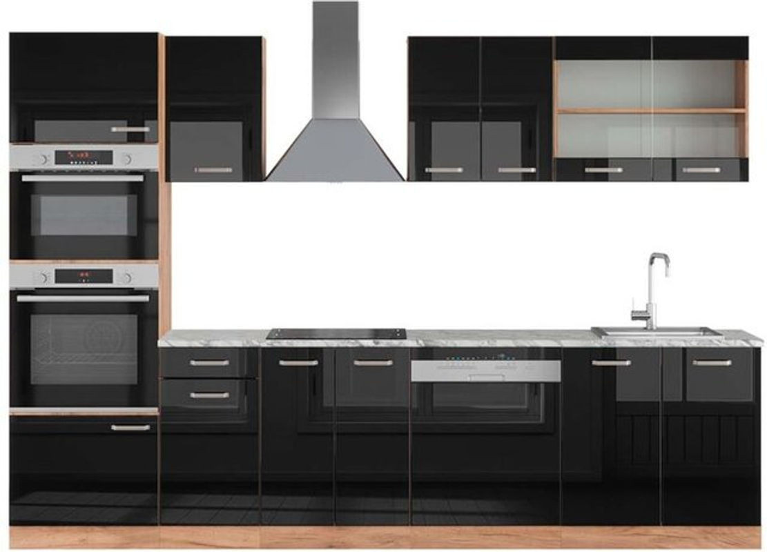 Küchenzeile Vicco R-Line in Schwarz Hochglanz und Goldkraft Eiche mit Hochschrank und Marmor-Arbeitsplatte, Breite: 300 cm, Höhe: 207 cm, Tiefe: 60 cm - Bild 1