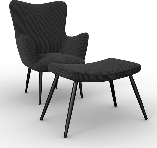 Bessagi Home Sessel Aurora mit Hocker in Schwarz aus Cord - Bild 1