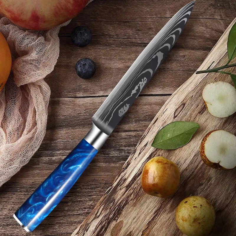 WXCOO 5-Zoll-Küchenmesser-Set mit blauem Harzgriff und Laser-Damast-Muster bestehend aus Kochmesser, Hackmesser und Schneidemesser - Bild 5