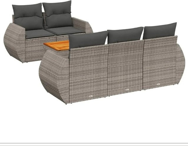 vidaXL 6-teilige Garten-Sofagarnitur aus Poly-Rattan und Akazienholz in Grau mit Kissen - Bild 1