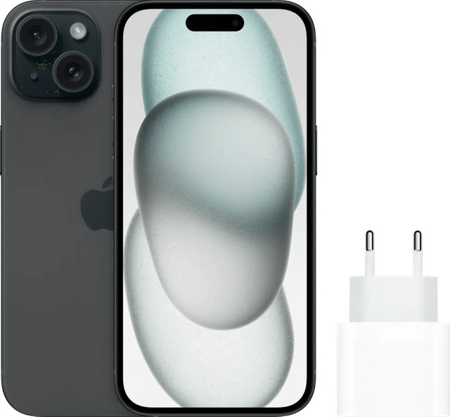 Apple iPhone 15 256GB Schwarz mit Apple Schnellladegerät USB-C - Bild 1