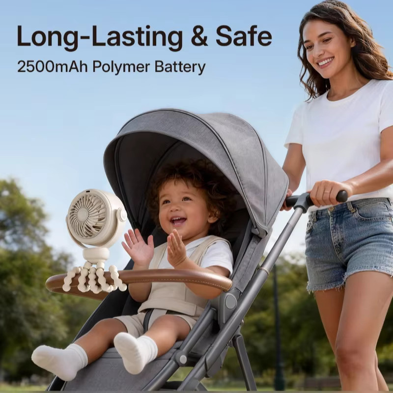 360 Grad drehbarer tragbarer Mini-Ventilator in Schwarz mit 5 Stufen für Kinderwagen und Autositz - Bild 4