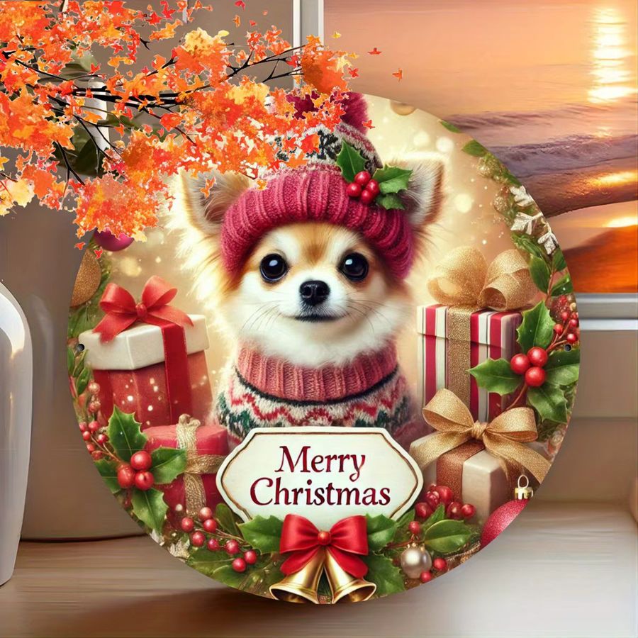 Potdemiel Weihnachts-Chihuahua Wanddekoration aus Aluminium, Vintage Rundplatte, Durchmesser: 20,3 cm, Multicolor - Bild 3