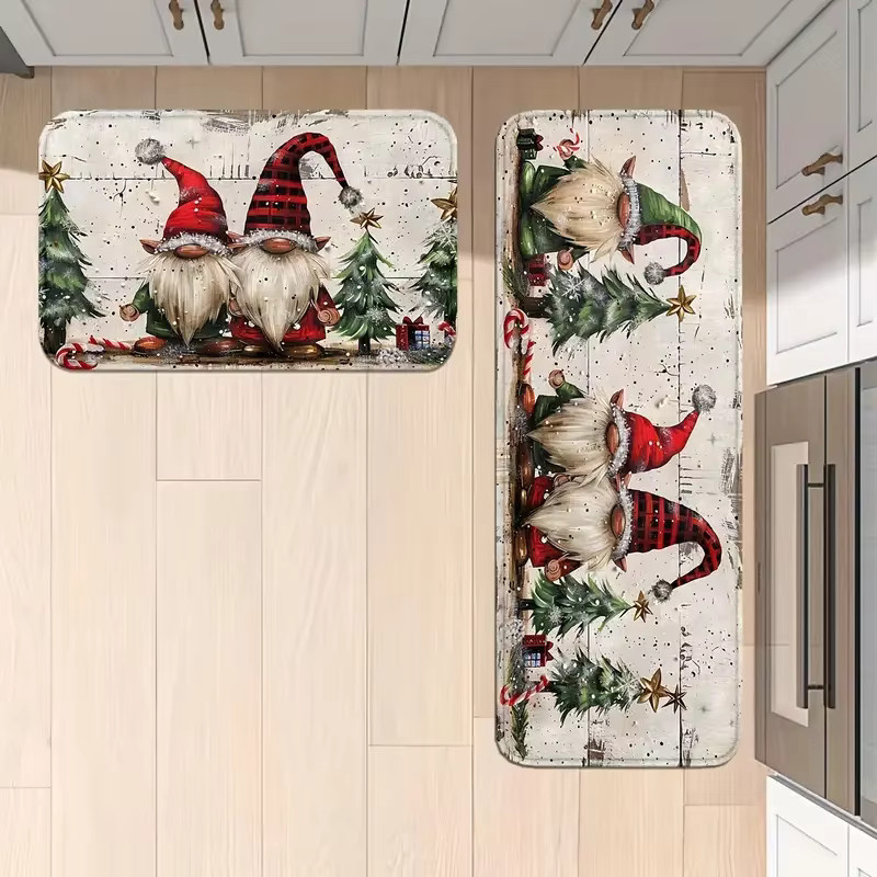 VIKAMA 2-teiliges Weihnachtsteppich-Set mit weißbärtigem Weihnachtsmann, rutschfeste Küchenmatte und Fußmatte für deine festliche Heimdekoration - Bild 2