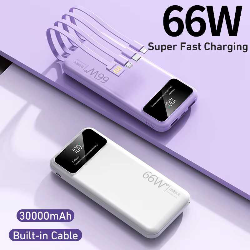 Tragbare Digitale Powerbank mit 30000 mAh und 4 integrierten Kabeln, 66 W Super Schnellladefunktion, Farbe: Lila, kompatibel mit Xiaomi, iPhone und Samsung - Bild 2