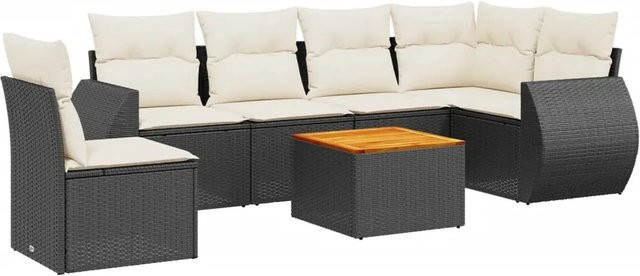 vidaXL 7-teilige Garten-Sofagarnitur in L-Form aus Poly-Rattan und pulverbeschichtetem Stahl in Schwarz-Creme mit UV-beständigen Kissen - Bild 1