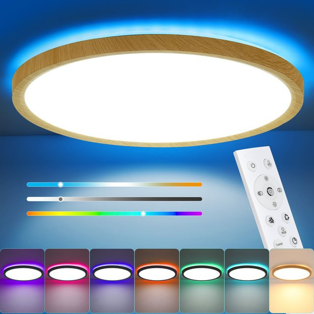 2er Set Oyajia RGB LED Deckenleuchten 24W mit Fernbedienung, dimmbar, modernes Design in Holzoptik, rund, Multicolour - Bild 1