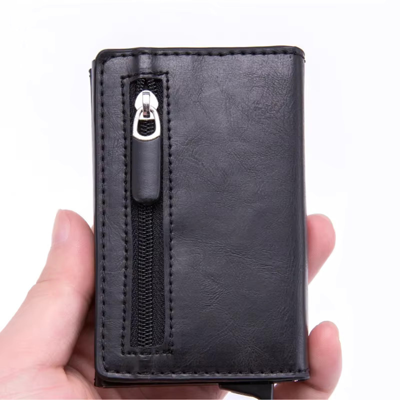 Automatischer Pop-Up Visitenkartenhalter aus Metall und Carbon mit RFID-Schutz, Trifold Geldbörse für Männer in Schwarz oder Blau - Bild 3