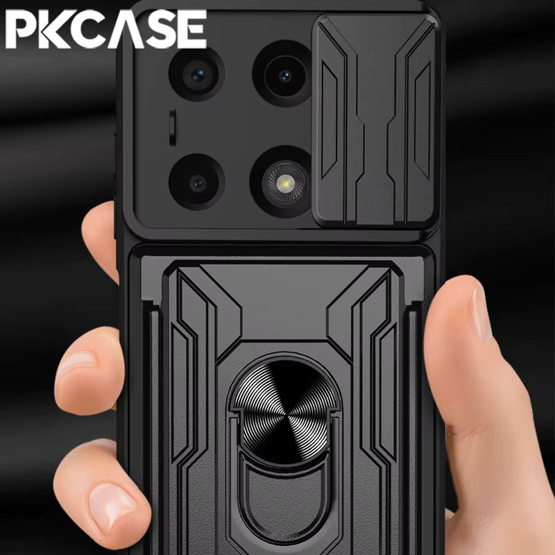 PKCASE Stoßfeste Handyhülle mit Kartensteckplatz und magnetischem Push-Window für Xiaomi 15 Ultra, 15T, 14, 14T und 13 Pro in Schwarz oder Blau - Bild 4