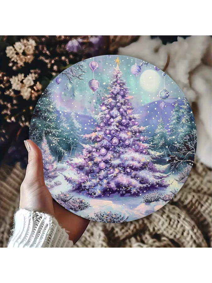 Potdemiel Rundes Aluminiumschild Weihnachtsbaum Lila Schneeszene Metallwandkunst Durchmesser: 20,3 cm - Bild 5