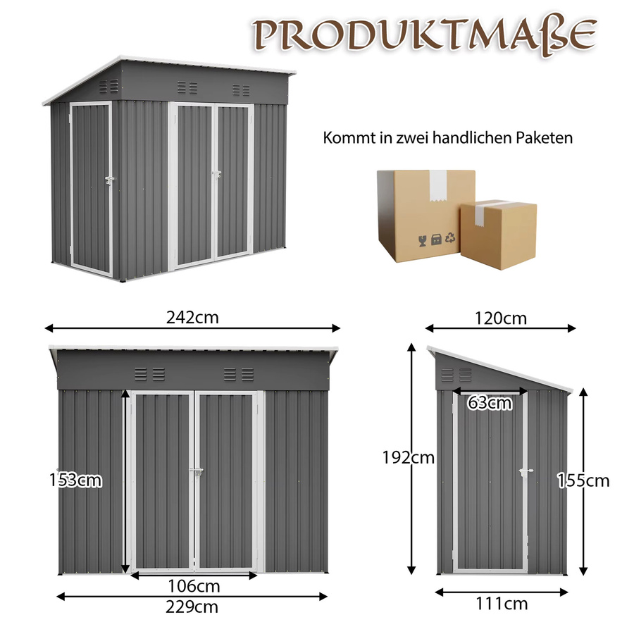 GIHAUVIA Outdoor-Gartenschuppen aus Metall in Grau mit Metallboden, schrägem Dach und doppelt abschließbaren Türen, B/T/H: 229 x 111 x 192 cm - Bild 3