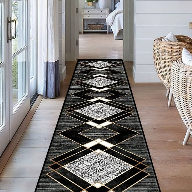 VIKAMA Teppich mit schwarzem Gold-Diamantmuster, maschinenwaschbarer Flurläufer für Küche und Waschküche, rechteckig - Bild 1