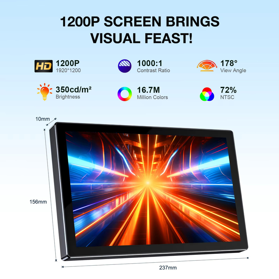 UNEW Tragbarer 10,1 Zoll Monitor mit Touchscreen, IPS Display, 1920x1200 Auflösung, Type-C und HDMI, Schwarz inklusive Lederhülle und VESA 75x75mm Halterung - Bild 2