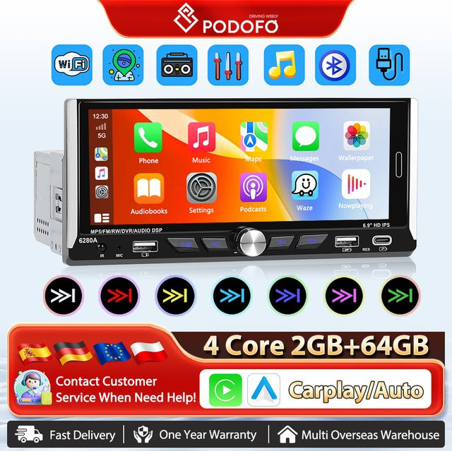 Podofo Android 1 Din Autoradio mit 6,9 Zoll Display, Carplay, Android Auto, GPS Navigation und 64GB Speicher in Schwarz, unterstützt Rückfahrkamera - Bild 1