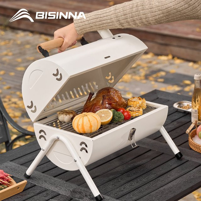 Bisinna Holzkohle-Tischgrill mit Zubehör für Camping und Outdoor in Weiß - Bild 1