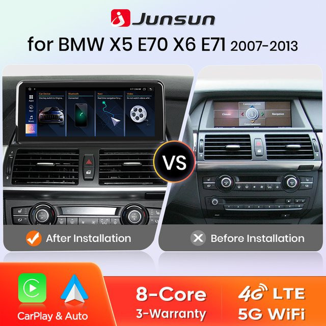 Junsun 8-Kern Wireless CarPlay und Android Auto Autoradio für BMW X5 E70 X6 E71 (2007-2013) mit GPS und Wi-Fi, Schwarz - Bild 1