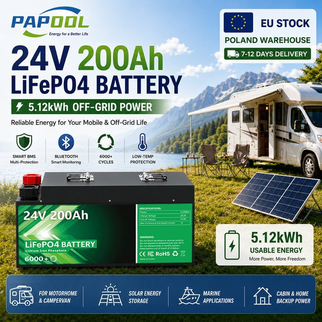 PAPOOL LiFePO4 Batterie 24V 200Ah 5,12 kWh mit Bluetooth Smart BMS in Schwarz für Wohnmobile, Solaranlagen, Marine und Off-Grid-Energiespeicher - Bild 1