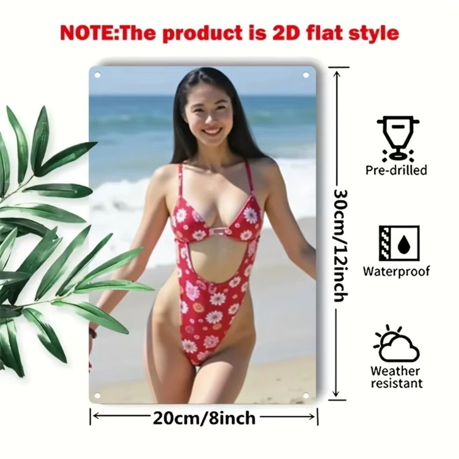 CIFBUY Retro-Metallwandkunst mit Bikini und Blumen in Rot, rechteckiges Wandbild für Zuhause, Bar oder Café, B/H: 30,0 x 20,0 cm - Bild 2