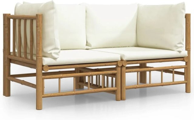 vidaXL Garten-Ecksofa Set aus Bambus mit cremeweißen Polsterkissen in Beige und Weiß, 2er Set - Bild 1