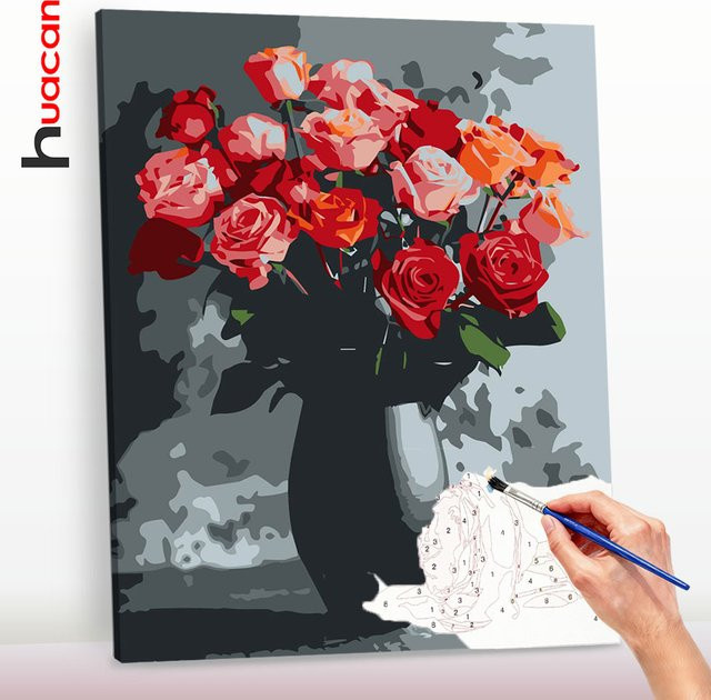 Huacan Malen nach Zahlen, Vase, Ölgemälde nach Zahlen, Rose - Bild 1