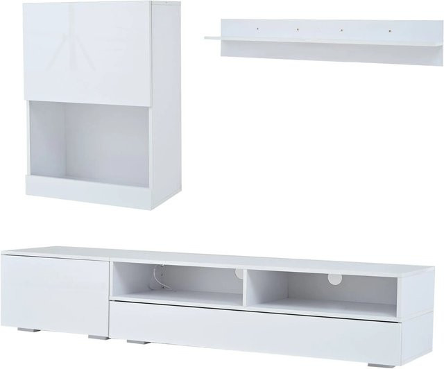okwish TV Wohnwand Set in Weiß mit LED Vitrine und Lowboard im modernen Design, B/T/H: 175 x 39 x 34 cm - Bild 1