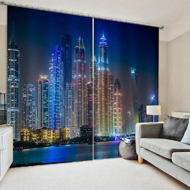 A Family Of Home Textiles Fenster Vorhang New York City Midtown Skyline Print in Blau, semi-transparent, B: 100 cm, H: 130 cm - Bild 1