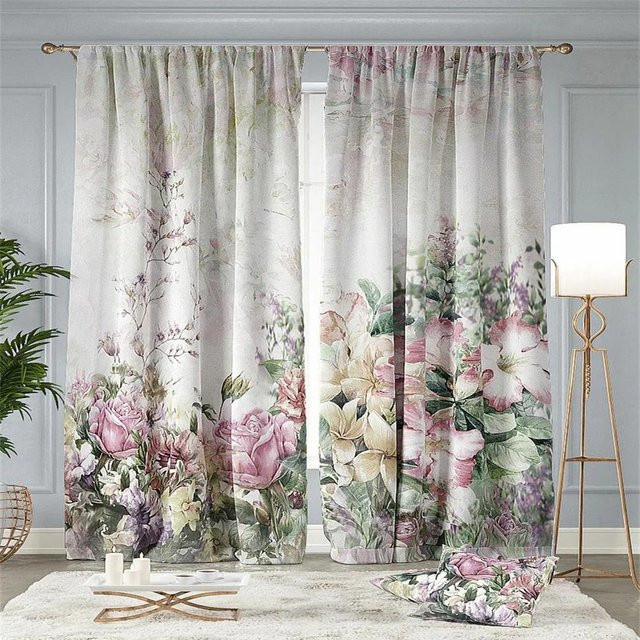 2er-Set semi-transparente Fenstervorhänge mit floralem Rosenmuster in Rosa und Rot, Breite: 100 cm, Höhe: 130 cm - Bild 1
