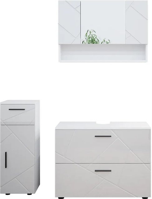 Vicco Badmöbelset Irma in Weiß Hochglanz, bestehend aus Spiegelschrank, Midischrank und Waschtischunterschrank, modern gestaltet, Breite: 80 cm, Tiefe: 30 cm - Bild 2