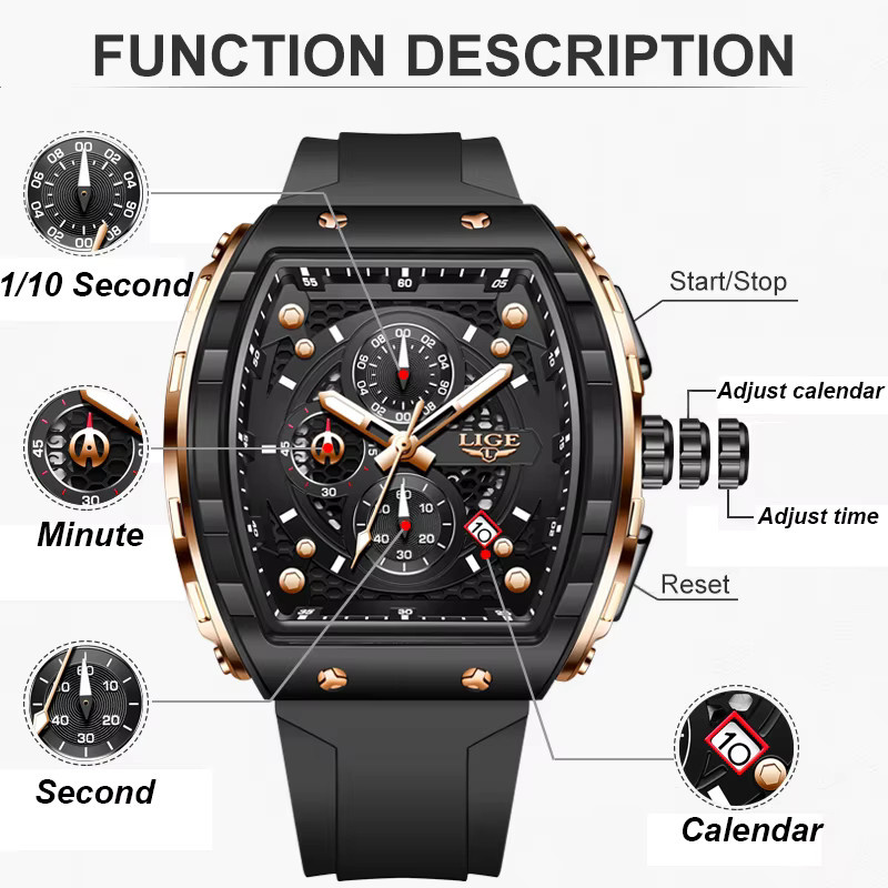 LIGE Chronograph Armbanduhr, Eckig, Quarz, Silikon, Schwarz, Herren - Bild 3