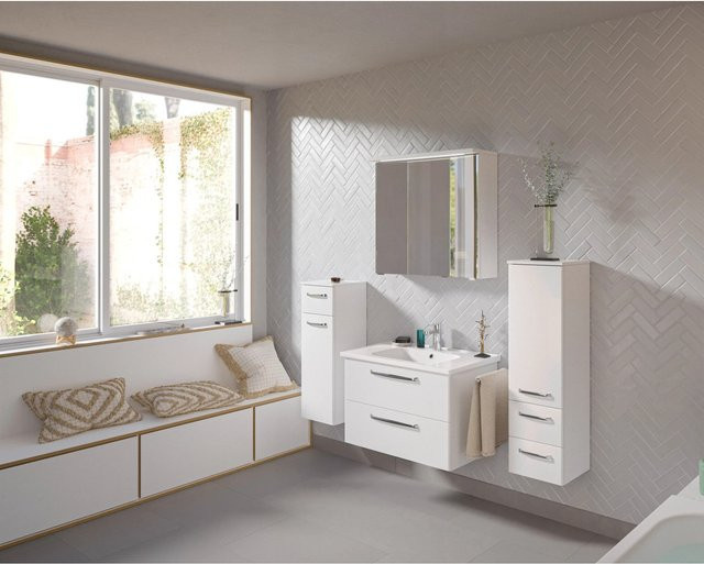 Pelipal Badmöbel-Set Trentino in Weiß mit Waschtisch, Unterschrank, Midischrank und 3D-Spiegelschrank mit LED-Beleuchtung - Bild 1
