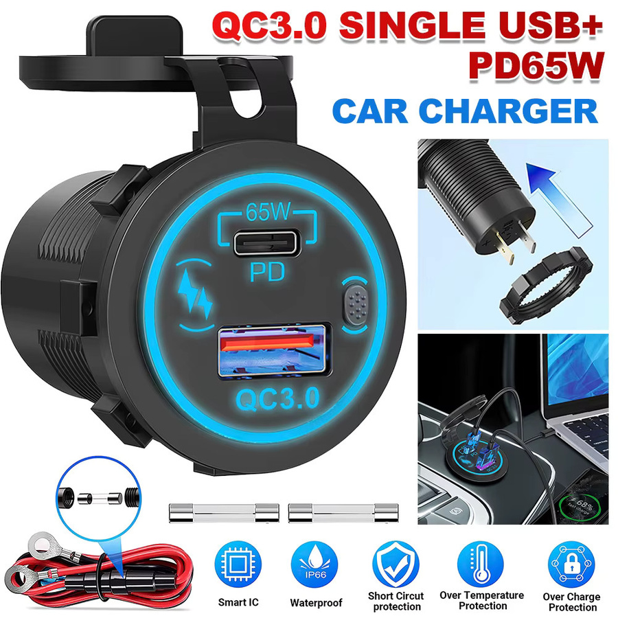 Velev 85W USB Auto Ladegerät mit PD Typ C und QC 3.0, Wasserdichter Adapter mit Schalter für 12V 24V Auto Lkw Boot, Schwarz - Bild 3