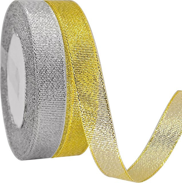 OZXHIXU Glitter Satin und Organza Band Set in Gold und Silber, 25 Yards pro Rolle für DIY Bastelarbeiten, Hochzeiten und Geschenke - Bild 1