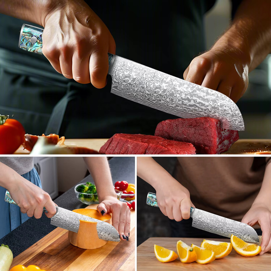 SAEIV Santoku-Messer aus Damaststahl im japanischen Stil als Allzweck-Küchenmesser zum Schneiden und Hacken von Gemüse und Fleisch - Bild 3