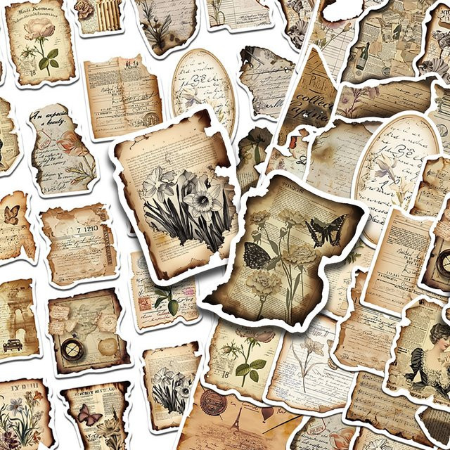 50 Stück Vintage Verbrannt Papier Aufkleber für Laptop, Skateboard und DIY Projekte, Wasserdichte Ästhetische Sticker - Bild 1