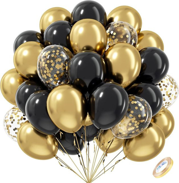 Surpsea Latex Ballon Set in Schwarz und Metallic Gold mit Konfetti für Geburtstag und Party-Dekoration, Durchmesser: 30,48 cm - Bild 1